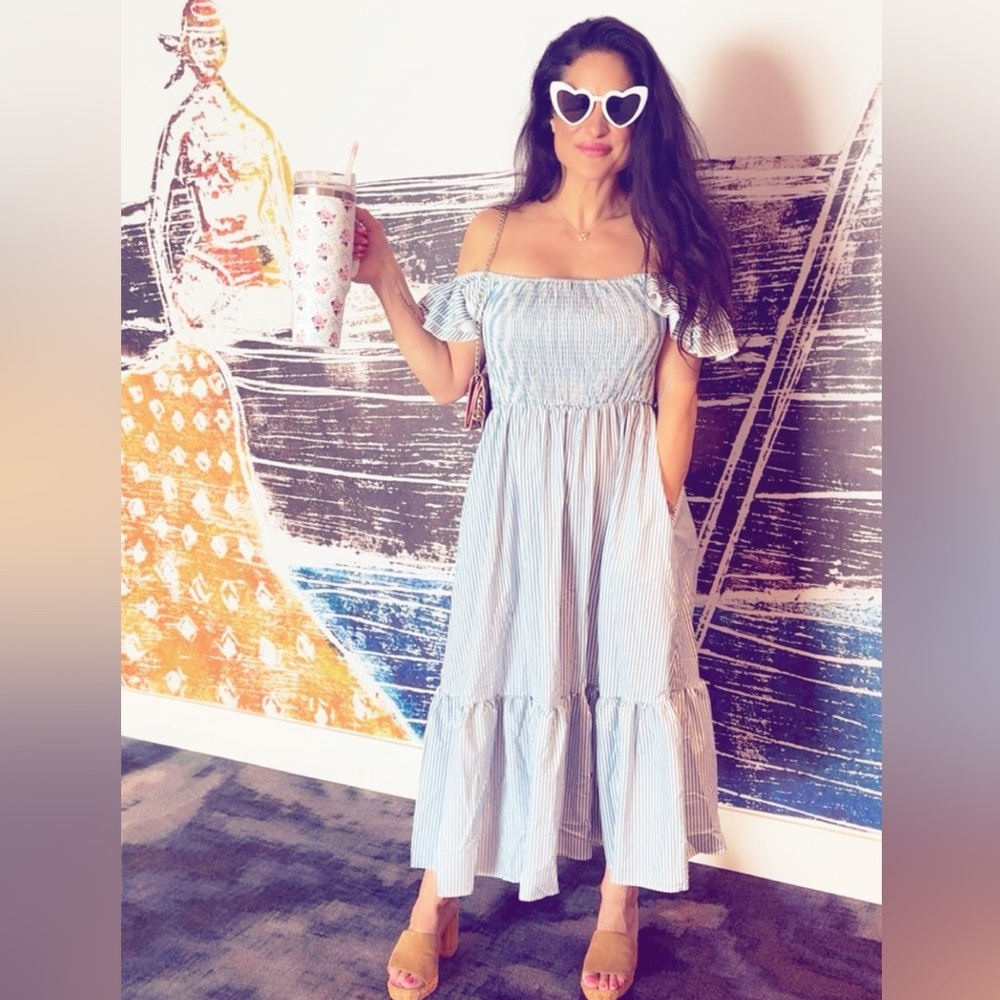 Blue and White Striped Off-Shoulder Flowey Maxi Dress Tunic Size Small - Picture 9 of 12